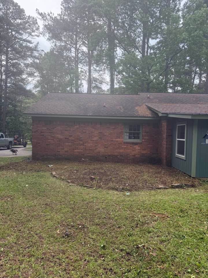 Brick house exterior with green siding, bare landscaping, and tall trees in the background