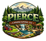Pierce Landscaping LLC logo with trees, mountains, waterfall, lawn mower, and garden pond