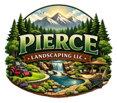 Pierce Landscaping LLC logo with trees, mountains, waterfall, lawn mower, and garden pond