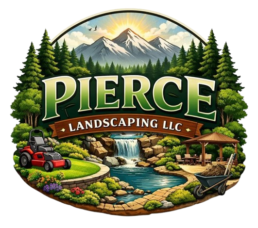 Pierce Landscaping LLC logo with trees, mountains, waterfall, lawn mower, and garden pond