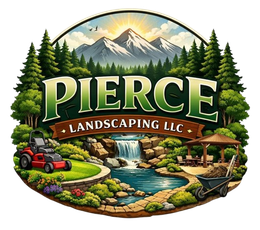 Pierce Landscaping LLC logo with mountains, trees, waterfall, pond, and lawn equipment in a scenic landscape