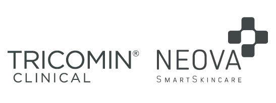 TRICOMIN Clinical and Neova SmartSkincare logos in black and gray with a plus icon