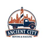 Ancient City Moving & Hauling logo with vintage truck, lighthouse, and city skyline in navy and orange