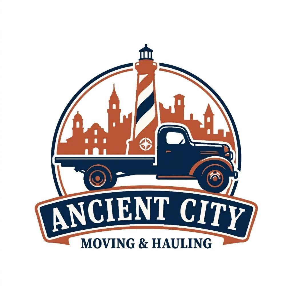Ancient City Moving & Hauling logo with vintage truck, lighthouse, and city skyline in navy and orange