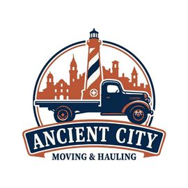 Ancient City Moving & Hauling logo with vintage truck, lighthouse, and city skyline in navy and orange
