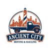 Ancient City Moving & Hauling logo with vintage truck, lighthouse, and city skyline in navy and orange