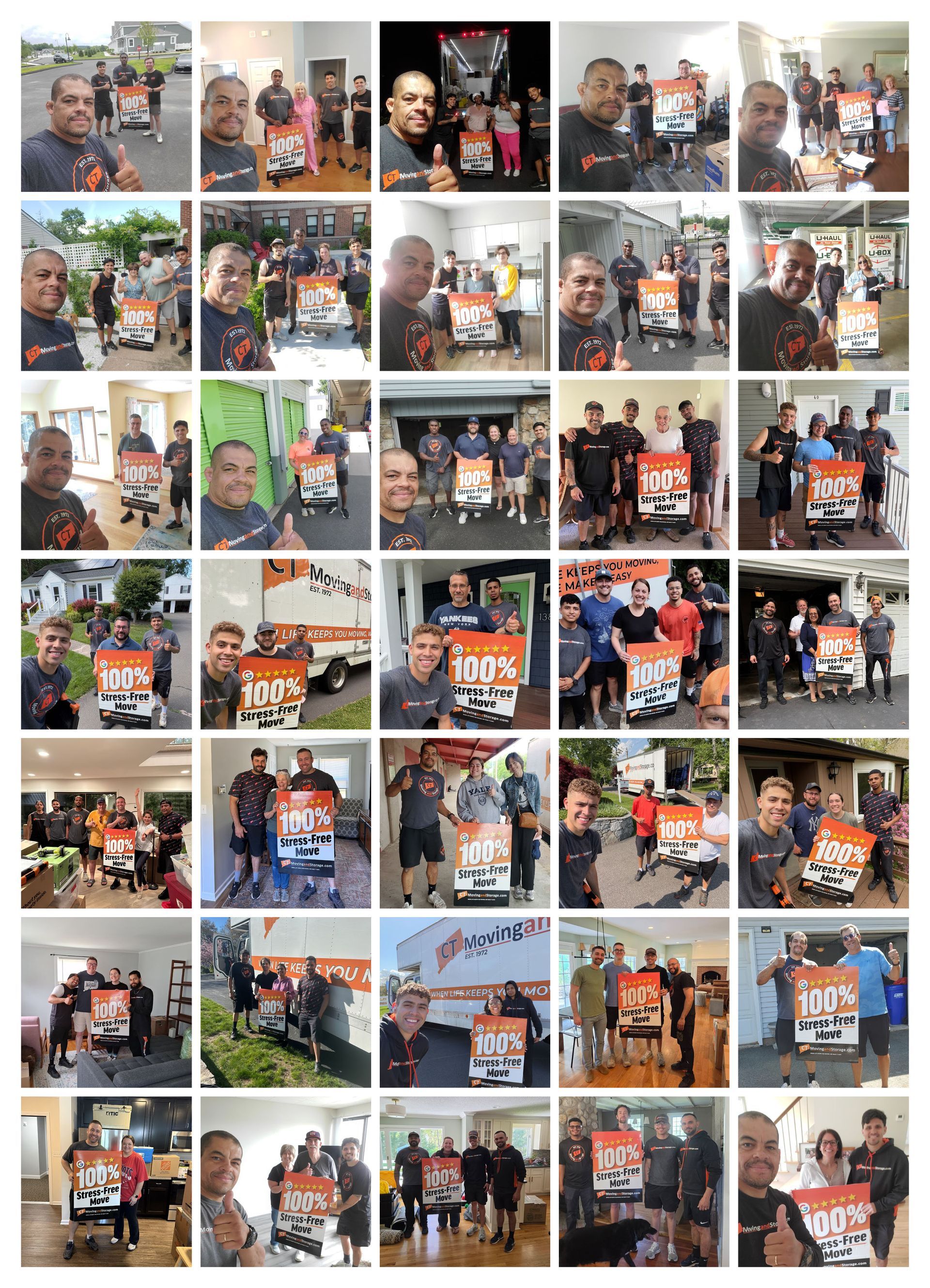 Collage of people holding a 100% Stress Free Move sign smiling at the camera.
