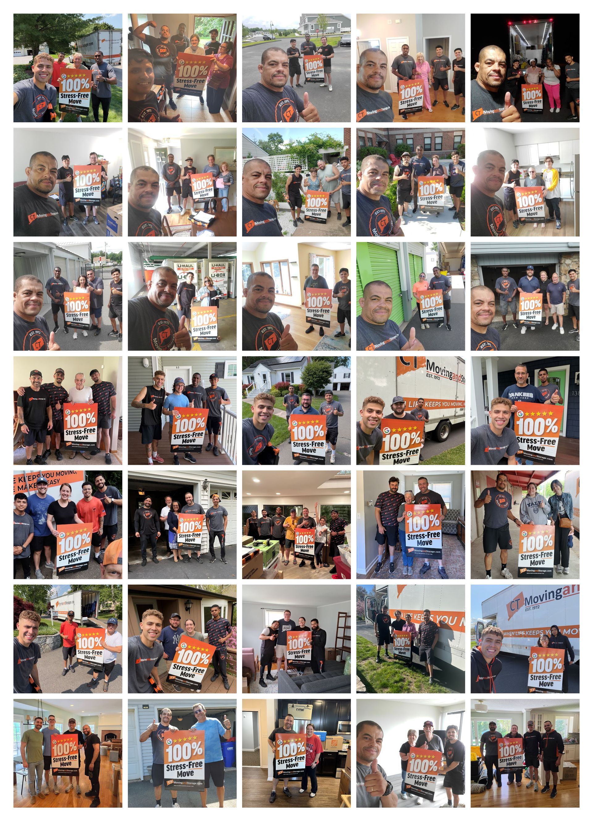 Collage of people holding a 100% Stress Free Move sign smiling at the camera.