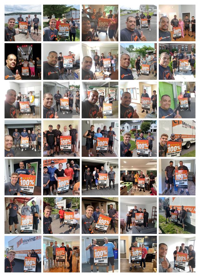 Collage of people holding a 100% Stress Free Move sign smiling at the camera.
