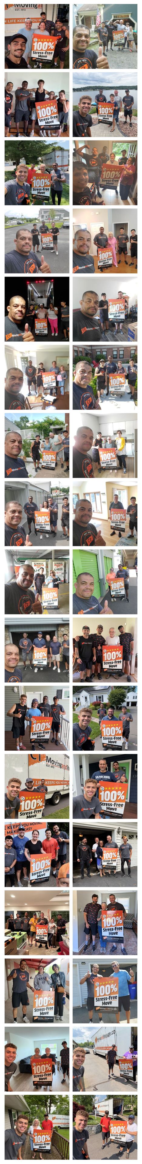 Collage of people holding a 100% Stress Free Move sign smiling at the camera.