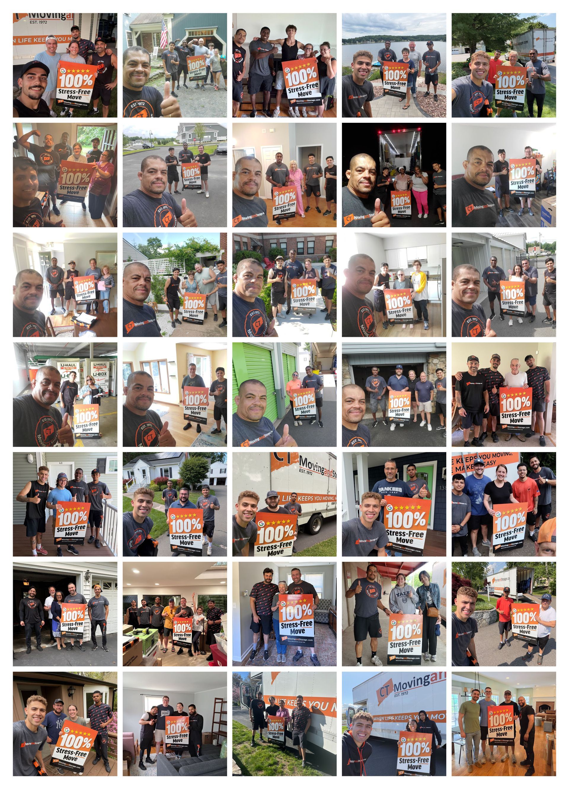 Collage of people holding a 100% Stress Free Move sign smiling at the camera.