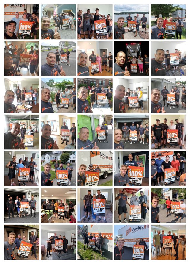 Collage of people holding a 100% Stress Free Move sign smiling at the camera.