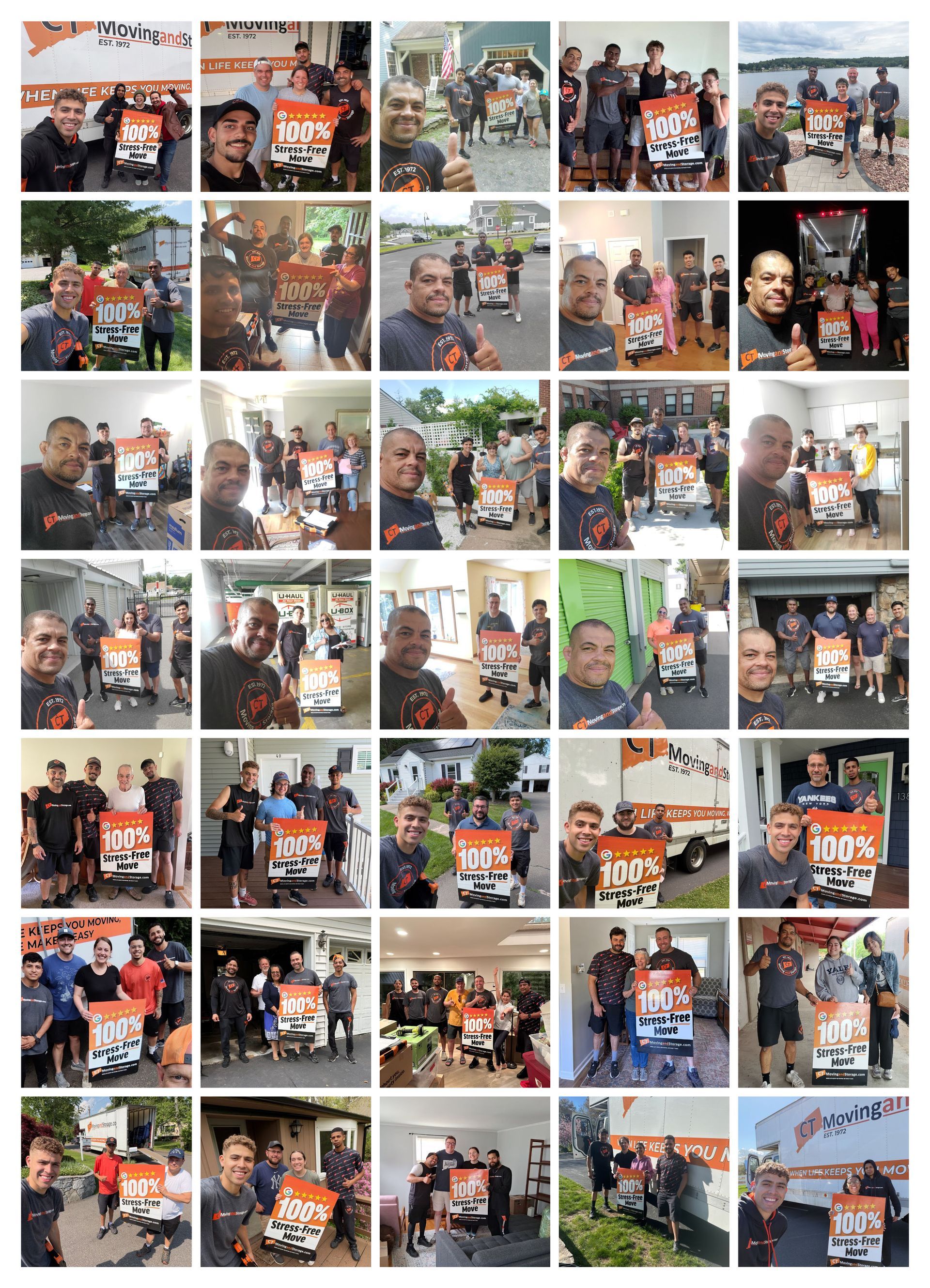 Collage of people holding a 100% Stress Free Move sign smiling at the camera.