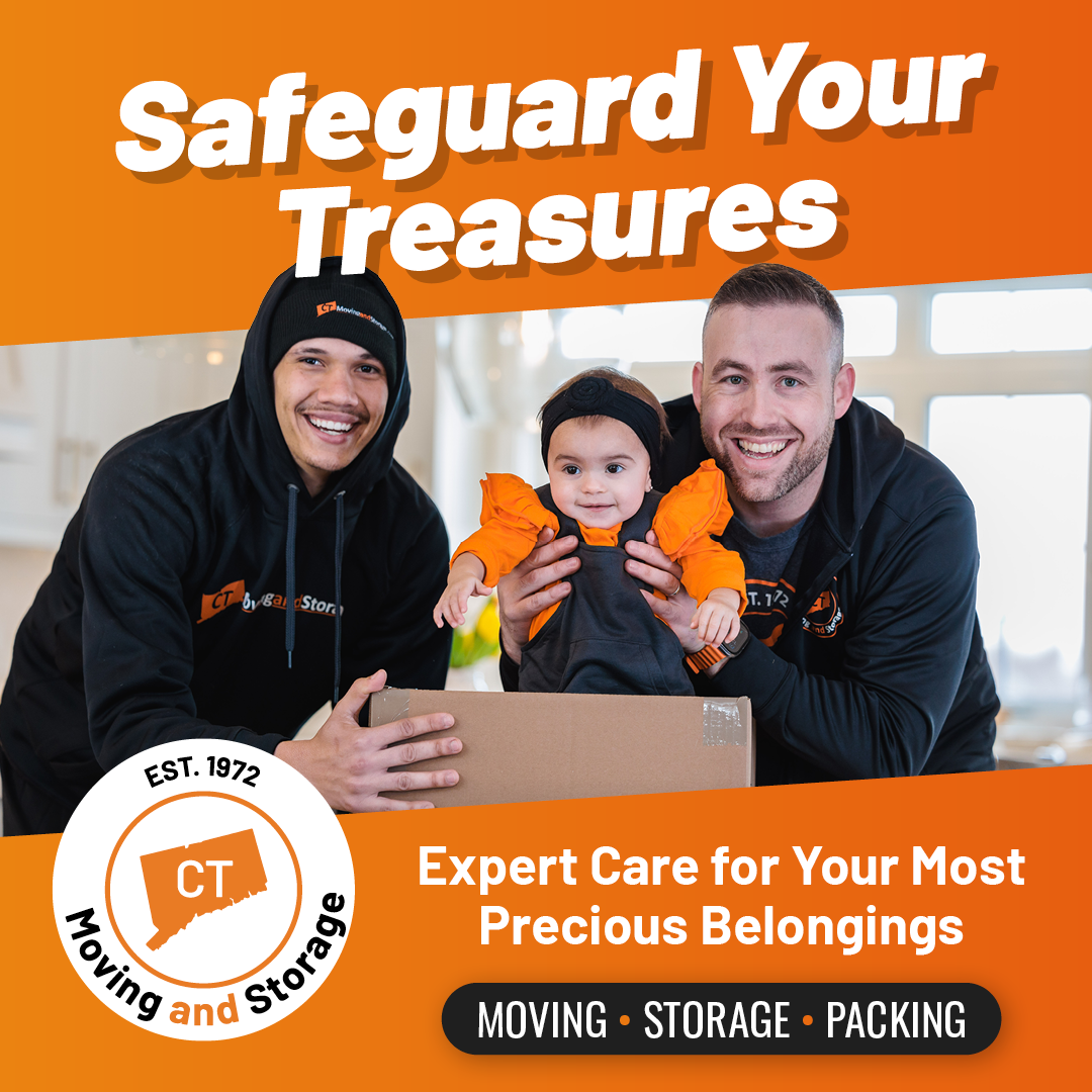 Two movers and a baby holding a box. Orange ad for Connecticut Moving and Storage.