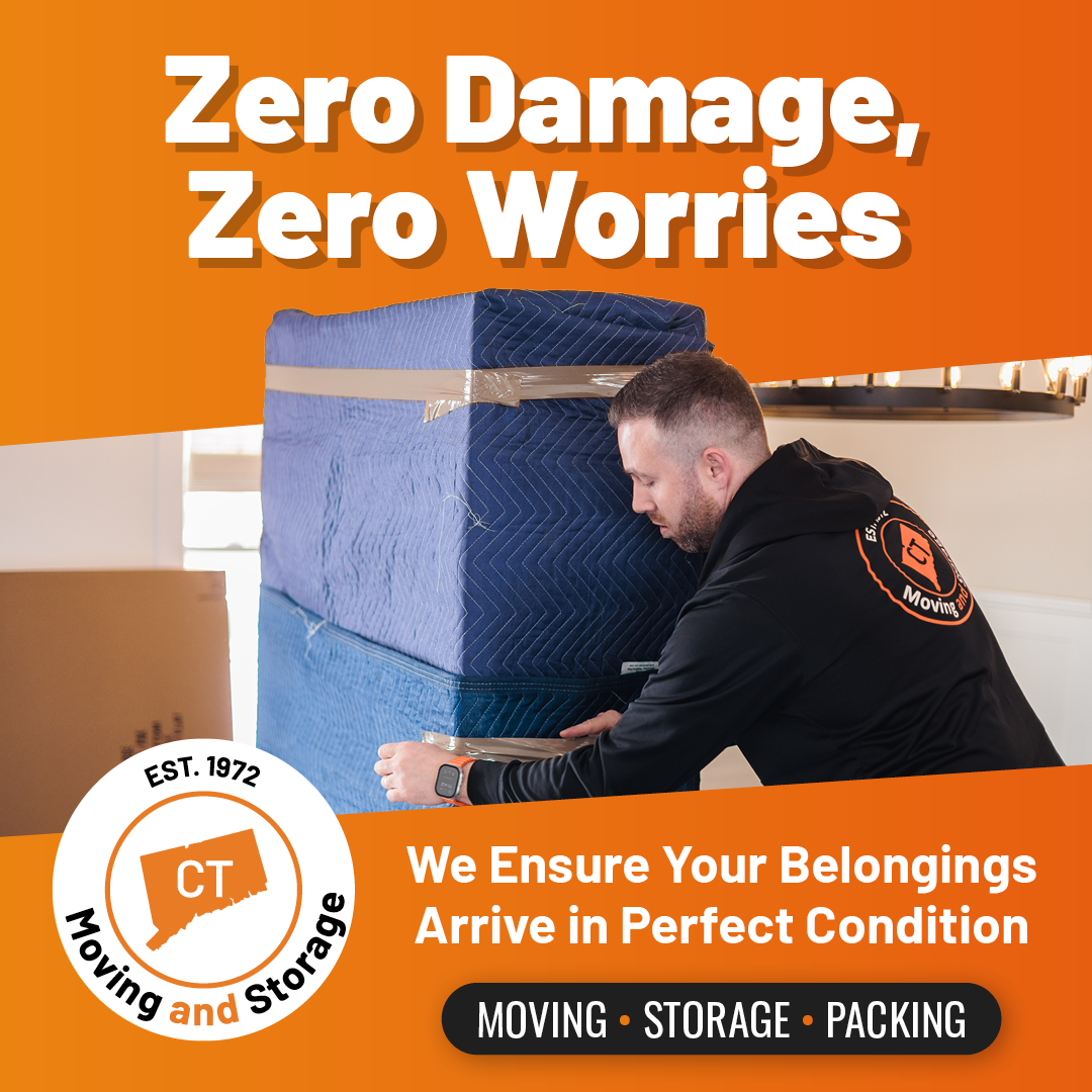 Man wrapping a wrapped box for moving. Orange and blue ad promoting