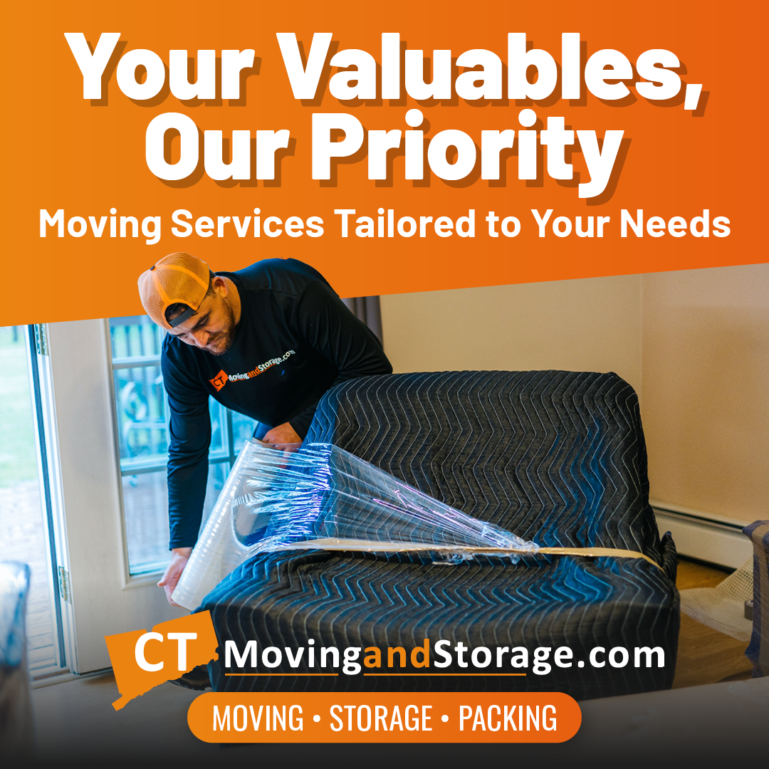 Moving service ad. A person wrapping a chair with protective materials. Text: