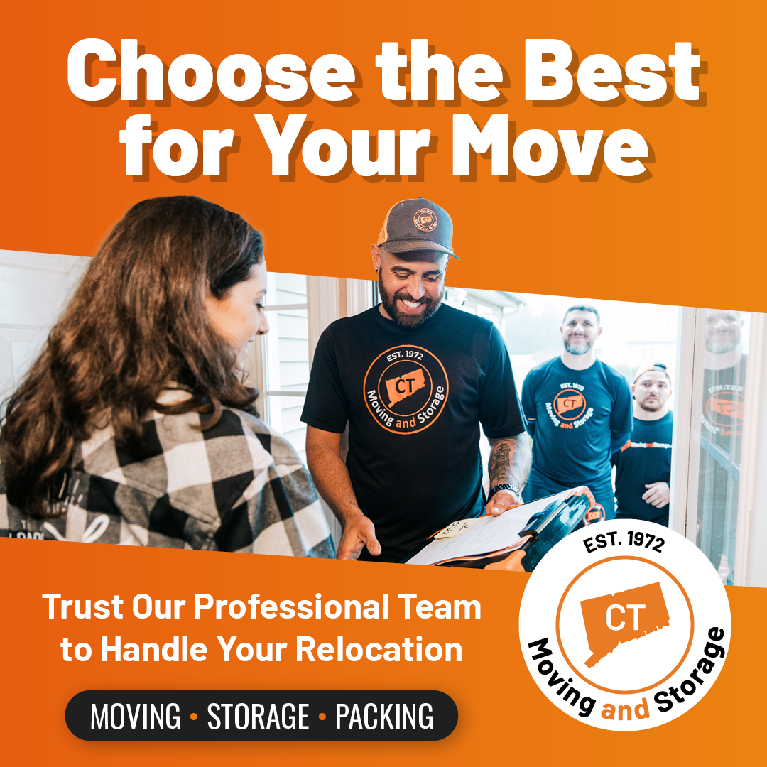 Moving company advertisement: People looking at paperwork. Orange and white text, logo.