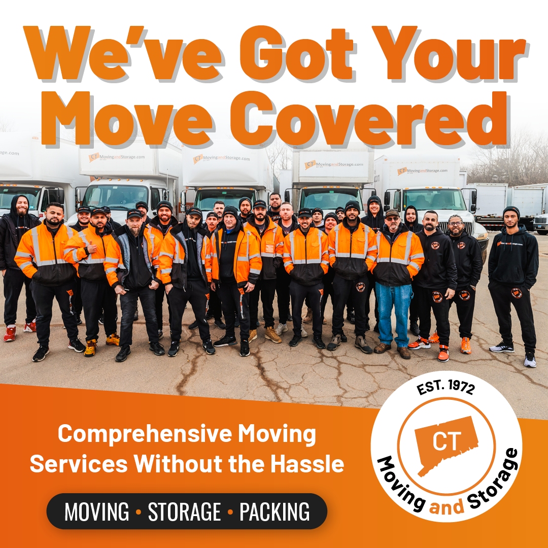 Group of movers in orange vests in front of moving trucks. Text: