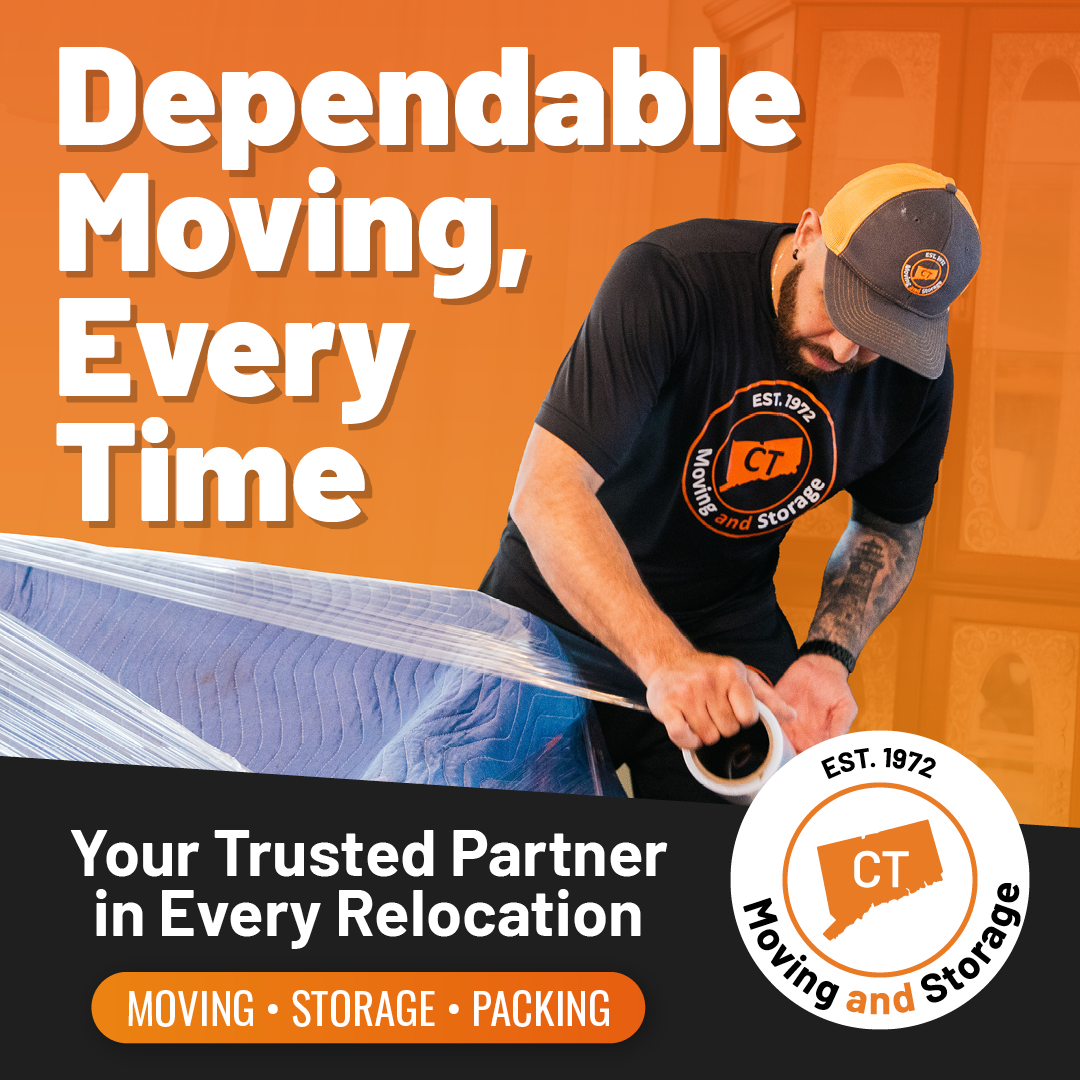 Moving company advertisement. Man taping furniture. Text: