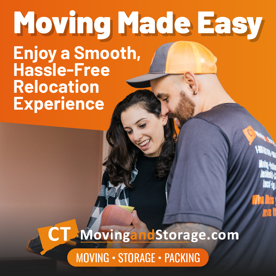 Moving company advertisement: Man and woman smiling, orange background,