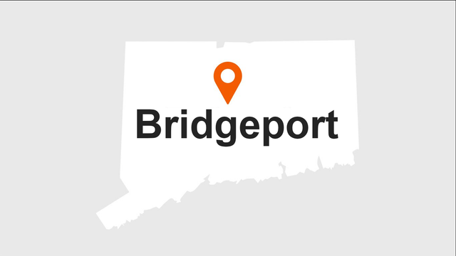 Map of Connecticut highlighting Bridgeport with an orange location marker.