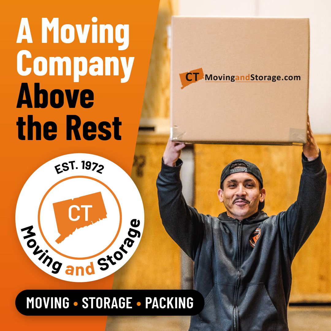 A mover holding a box above their head. The advertisement is for