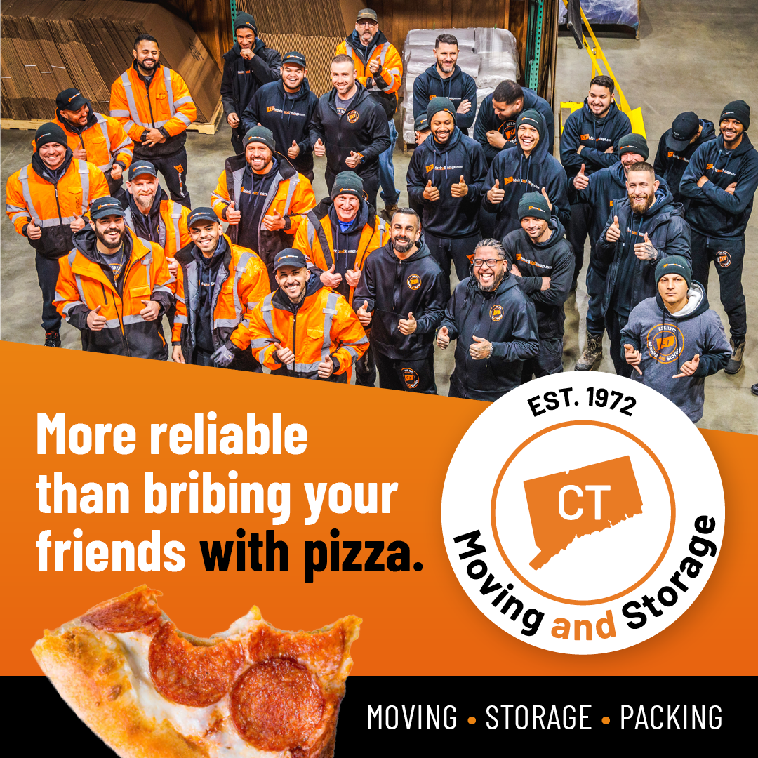 Moving company workers in orange vests and jackets, smiling, with pizza and logo.