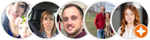 Five circular profile photos of people.