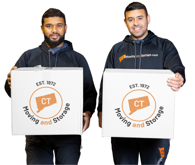 Two men holding moving boxes with a