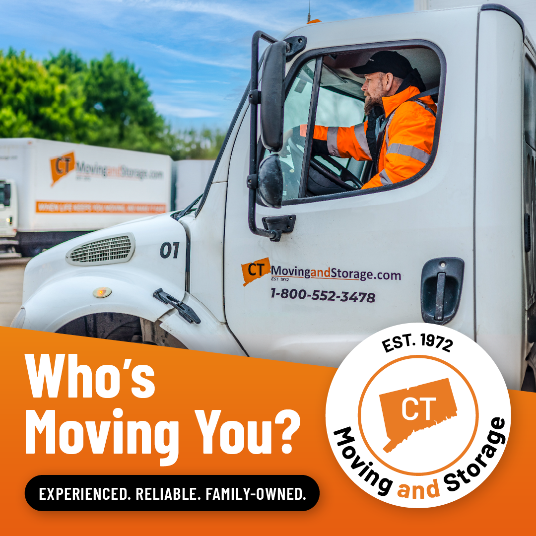 Moving truck with driver in orange vest; CT Moving and Storage logo.