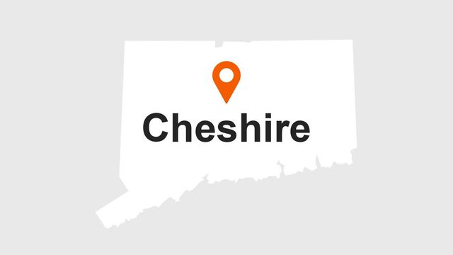 Map of Connecticut with a marker indicating the location of Cheshire.