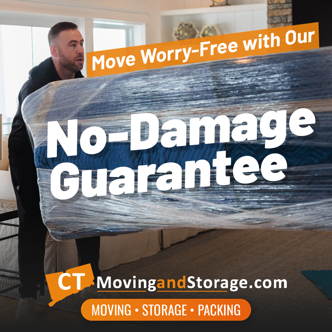 Man carrying wrapped furniture. Text: