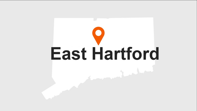 Map of Connecticut with East Hartford highlighted by an orange location pin.