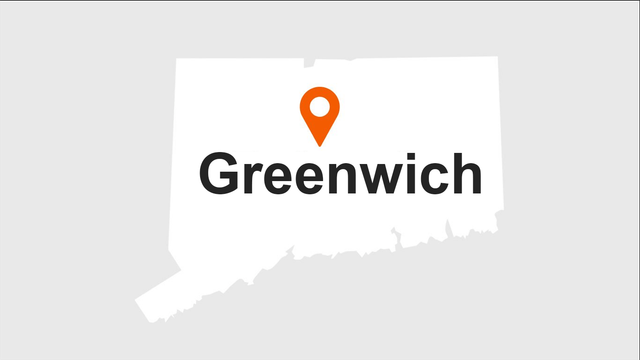 Map of Connecticut with a marker indicating the location of Greenwich.