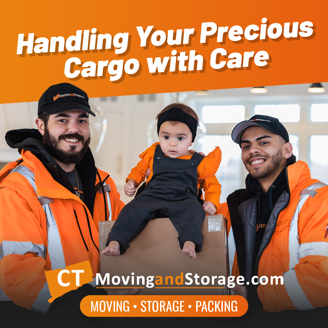 Two movers in orange jackets holding a baby on a moving box; ad for CT Moving and Storage.