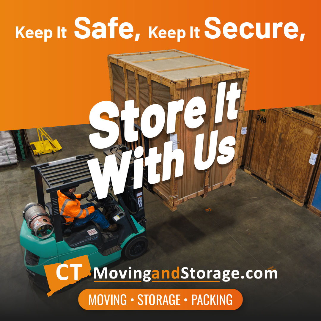 Forklift lifting crate, warehouse setting; text: