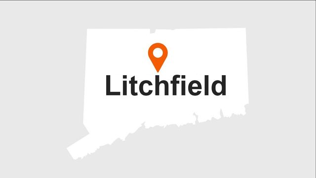 Map of Connecticut with an orange location pin over Litchfield.