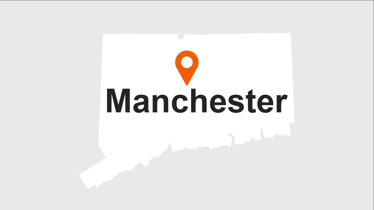 Map of Connecticut with a marker indicating the town of Manchester.