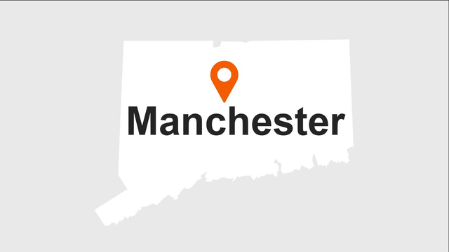 Map of Connecticut with a marker indicating the town of Manchester.