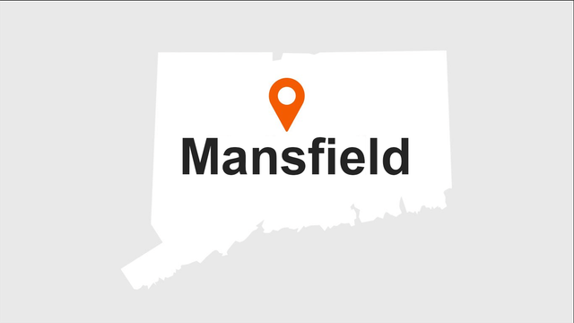 Map of Connecticut, with an orange marker indicating the location of Mansfield.