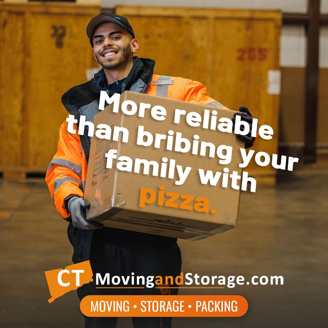 Man in orange vest holding a box, smiling. Text: