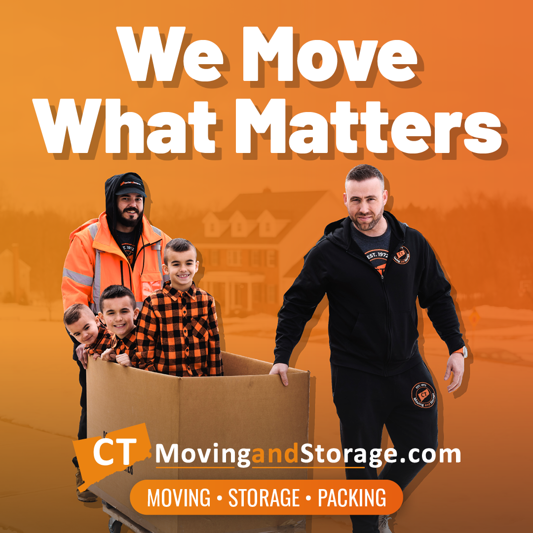 Moving company ad: movers, kids, and a house in winter. Text: