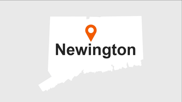 Map of Connecticut with a marker indicating the location of Newington.