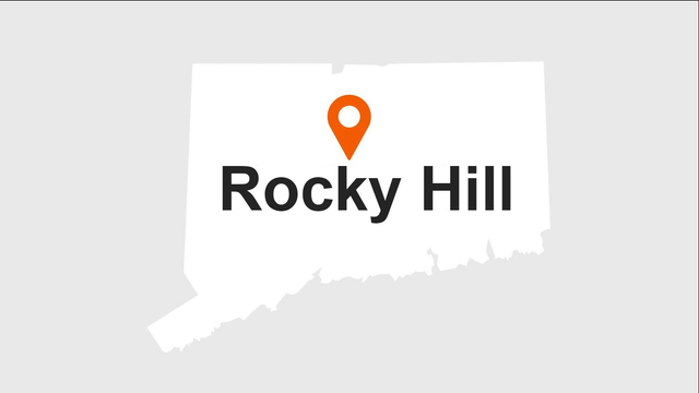 Map of Connecticut with a marker indicating the location of Rocky Hill.