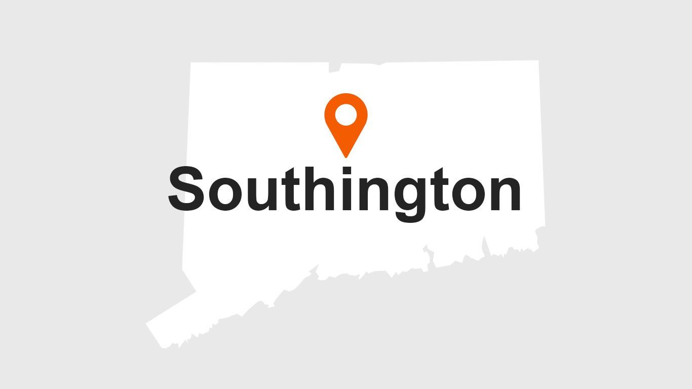 Map of Connecticut with an orange marker pin indicating the town of Southington.