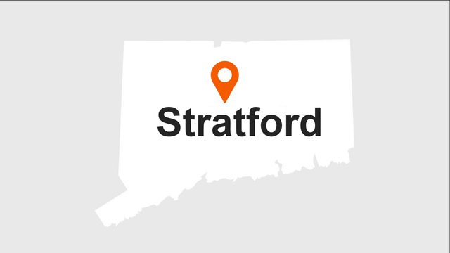 Map of Connecticut with a marker indicating the location of Stratford.