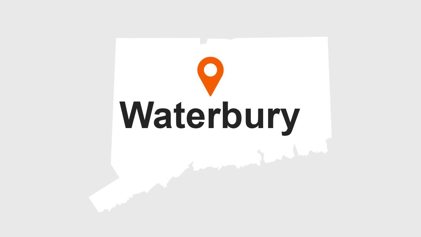 Map of Connecticut with orange marker pin indicating Waterbury.