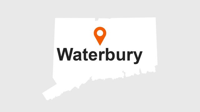 Map of Connecticut with orange marker pin indicating Waterbury.