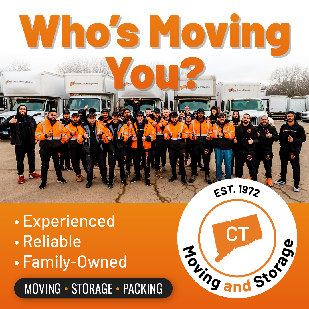 Advertisement for CT Moving and Storage: Group of movers in orange vests, trucks in background. Services include moving, storage, and packing.