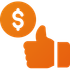 Orange thumbs up next to a dollar coin, symbolizing approval of money.